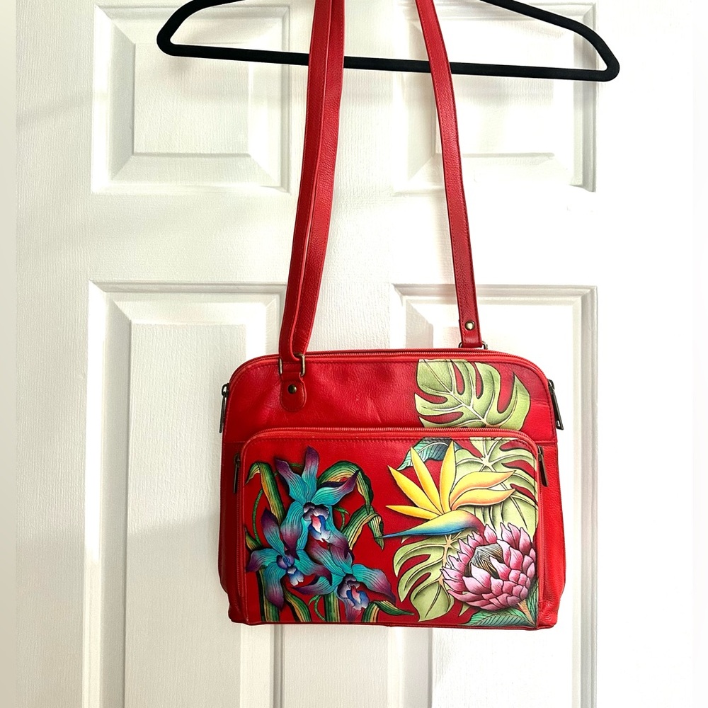 Anuschka Handpainted Red Floral Leather Crossbody S Bag